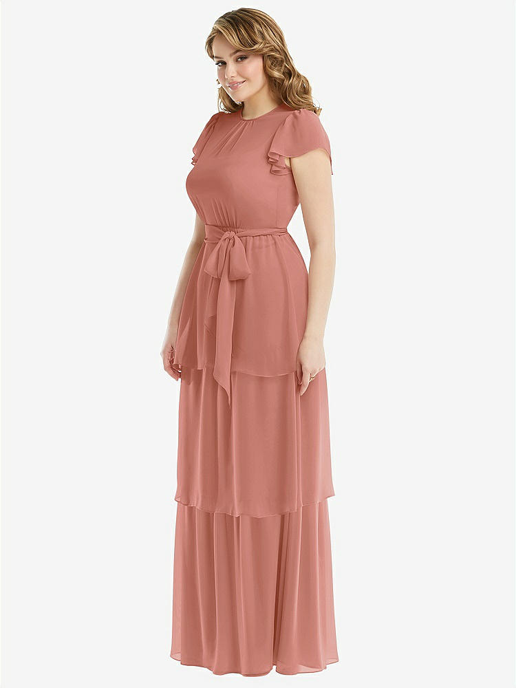 【NEW】【STYLE: 3116】フラッター スリーブ ジュエル 首 シフォン マキシ ドレス ティア ラッフル スカート【COLOR: Desert Rose】【SIZE: 00-30W】