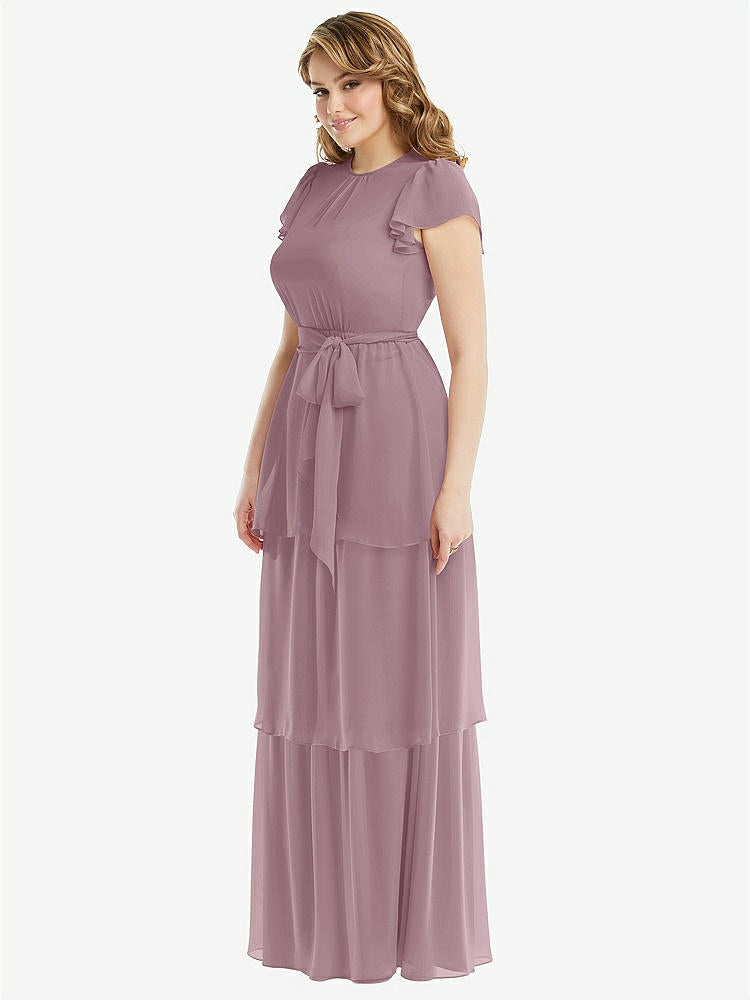 【NEW】【STYLE: 3116】フラッター スリーブ ジュエル 首 シフォン マキシ ドレス ティア ラッフル スカート【COLOR: Dusty Rose】【SIZE: 00-30W】