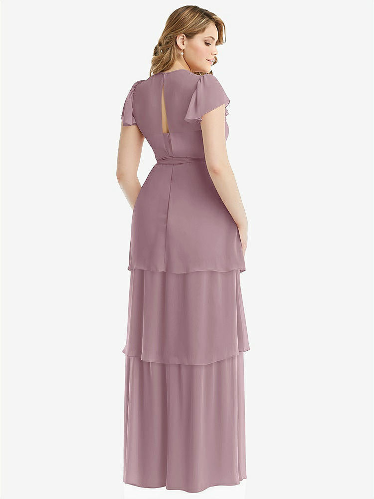 【NEW】【STYLE: 3116】フラッター スリーブ ジュエル 首 シフォン マキシ ドレス ティア ラッフル スカート【COLOR: Dusty Rose】【SIZE: 00-30W】