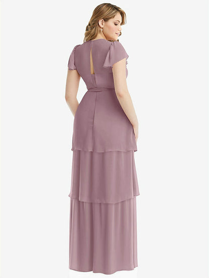 【NEW】【STYLE: 3116】フラッター スリーブ ジュエル 首 シフォン マキシ ドレス ティア ラッフル スカート【COLOR: Dusty Rose】【SIZE: 00-30W】