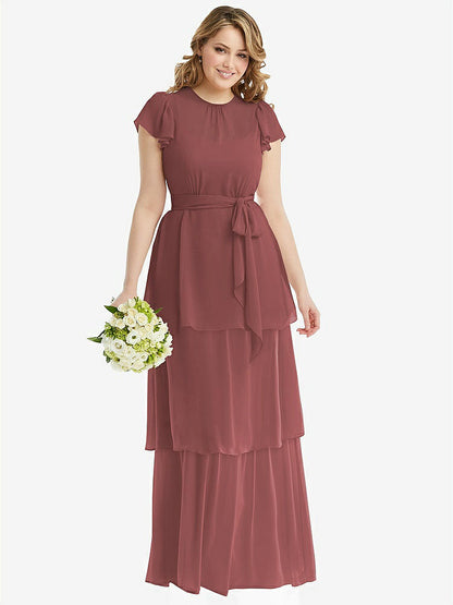 【NEW】【STYLE: 3116】フラッター スリーブ ジュエル 首 シフォン マキシ ドレス ティア ラッフル スカート【COLOR: English Rose】【SIZE: 00-30W】