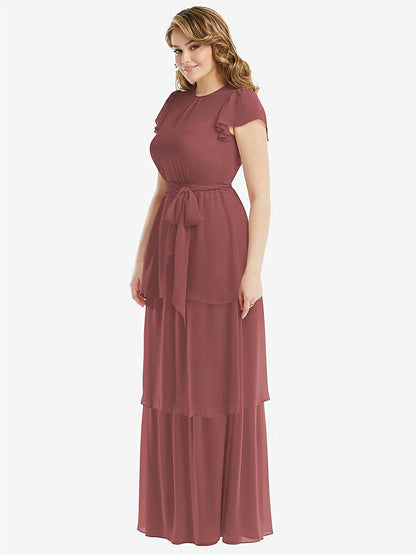 【NEW】【STYLE: 3116】フラッター スリーブ ジュエル 首 シフォン マキシ ドレス ティア ラッフル スカート【COLOR: English Rose】【SIZE: 00-30W】
