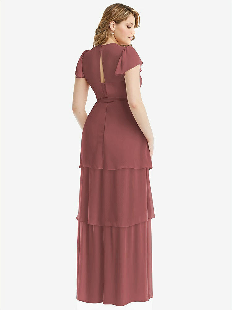 【NEW】【STYLE: 3116】フラッター スリーブ ジュエル 首 シフォン マキシ ドレス ティア ラッフル スカート【COLOR: English Rose】【SIZE: 00-30W】