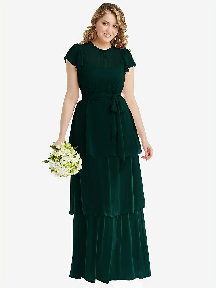 【NEW】【STYLE: 3116】フラッター スリーブ ジュエル 首 シフォン マキシ ドレス ティア ラッフル スカート【COLOR: Evergreen】【SIZE: 00-30W】