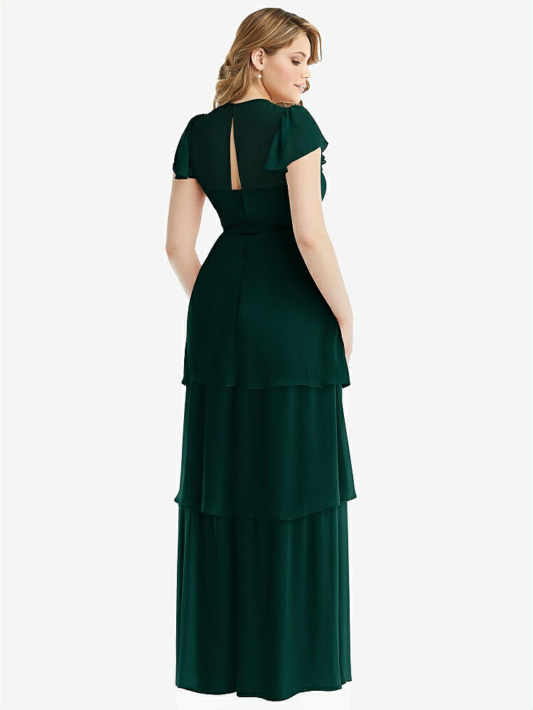 【NEW】【STYLE: 3116】フラッター スリーブ ジュエル 首 シフォン マキシ ドレス ティア ラッフル スカート【COLOR: Evergreen】【SIZE: 00-30W】