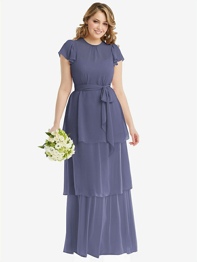 【NEW】【STYLE: 3116】フラッター スリーブ ジュエル 首 シフォン マキシ ドレス ティア ラッフル スカート【COLOR: French Blue】【SIZE: 00-30W】