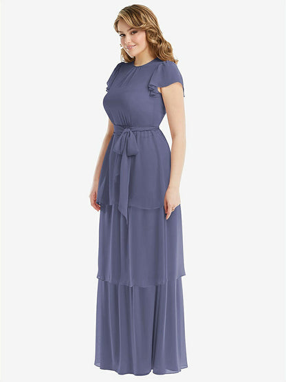 【NEW】【STYLE: 3116】フラッター スリーブ ジュエル 首 シフォン マキシ ドレス ティア ラッフル スカート【COLOR: French Blue】【SIZE: 00-30W】