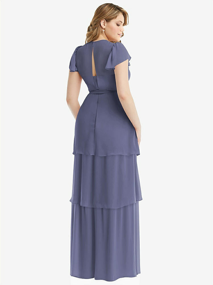 【NEW】【STYLE: 3116】フラッター スリーブ ジュエル 首 シフォン マキシ ドレス ティア ラッフル スカート【COLOR: French Blue】【SIZE: 00-30W】