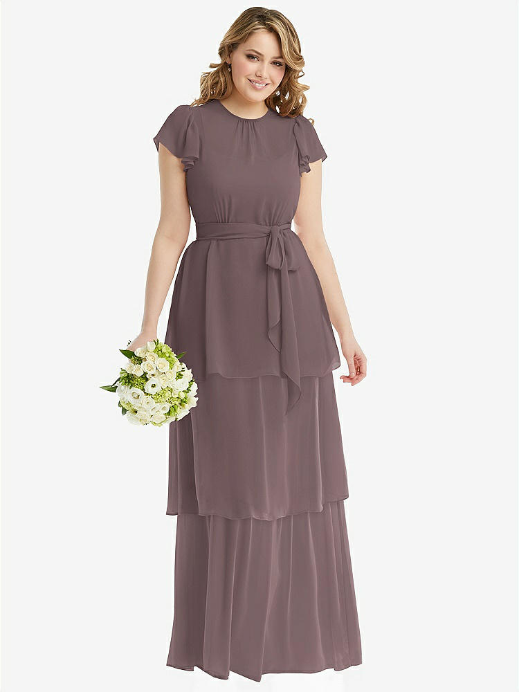 【STYLE: 3116】Flutter Sleeve Jewel Neck Chiffon Maxi Dress with Tiered Ruffle Skirt【COLOR: French Truffle】