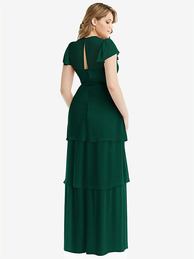 【NEW】【STYLE: 3116】フラッター スリーブ ジュエル 首 シフォン マキシ ドレス ティア ラッフル スカート【COLOR: Hunter Green】【SIZE: 00-30W】