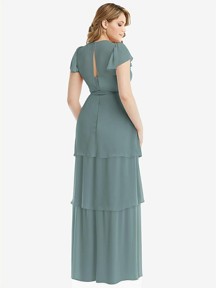 【NEW】【STYLE: 3116】フラッター スリーブ ジュエル 首 シフォン マキシ ドレス ティア ラッフル スカート【COLOR: Icelandic】【SIZE: 00-30W】
