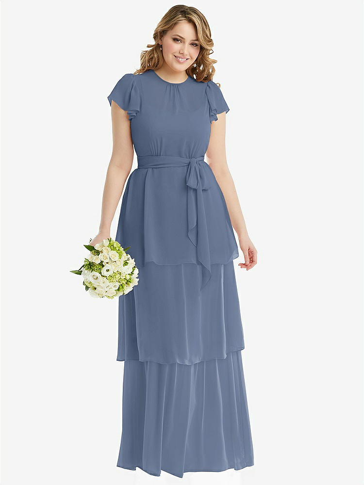 【NEW】【STYLE: 3116】フラッター スリーブ ジュエル 首 シフォン マキシ ドレス ティア ラッフル スカート【COLOR: Larkspur Blue】【SIZE: 00-30W】