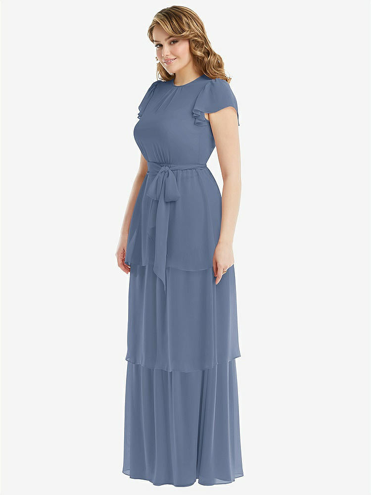 【NEW】【STYLE: 3116】フラッター スリーブ ジュエル 首 シフォン マキシ ドレス ティア ラッフル スカート【COLOR: Larkspur Blue】【SIZE: 00-30W】