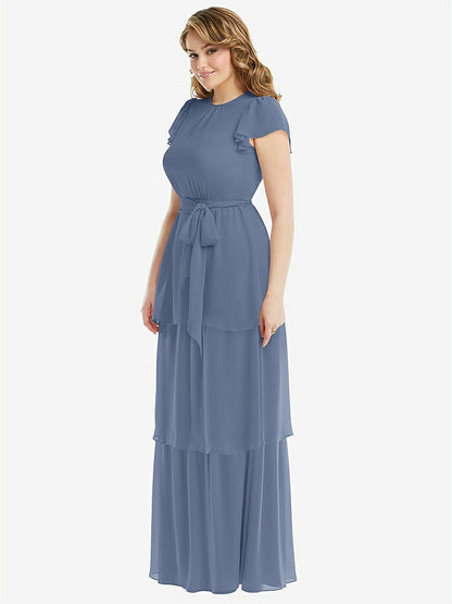 【NEW】【STYLE: 3116】フラッター スリーブ ジュエル 首 シフォン マキシ ドレス ティア ラッフル スカート【COLOR: Larkspur Blue】【SIZE: 00-30W】
