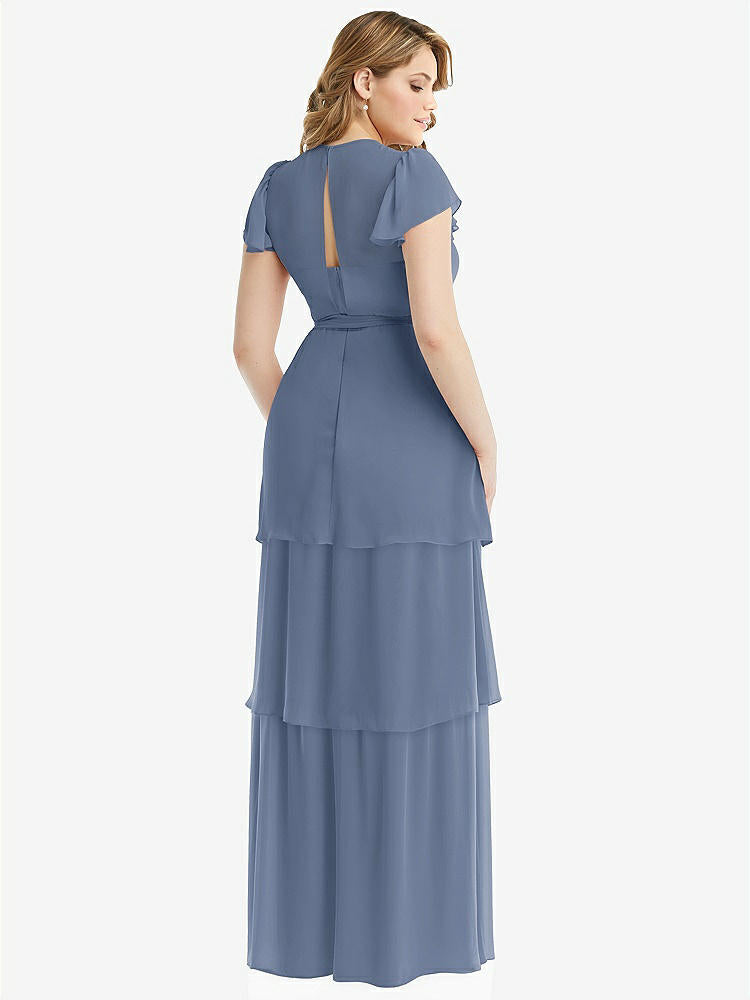 【NEW】【STYLE: 3116】フラッター スリーブ ジュエル 首 シフォン マキシ ドレス ティア ラッフル スカート【COLOR: Larkspur Blue】【SIZE: 00-30W】