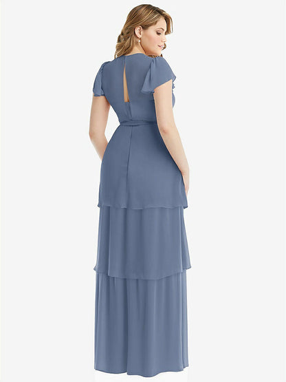 【NEW】【STYLE: 3116】フラッター スリーブ ジュエル 首 シフォン マキシ ドレス ティア ラッフル スカート【COLOR: Larkspur Blue】【SIZE: 00-30W】