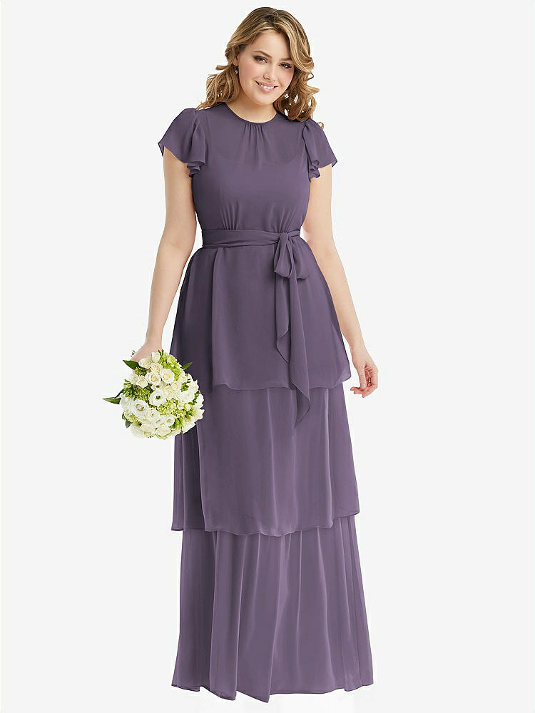 【NEW】【STYLE: 3116】フラッター スリーブ ジュエル 首 シフォン マキシ ドレス ティア ラッフル スカート【COLOR: Lavender】【SIZE: 00-30W】
