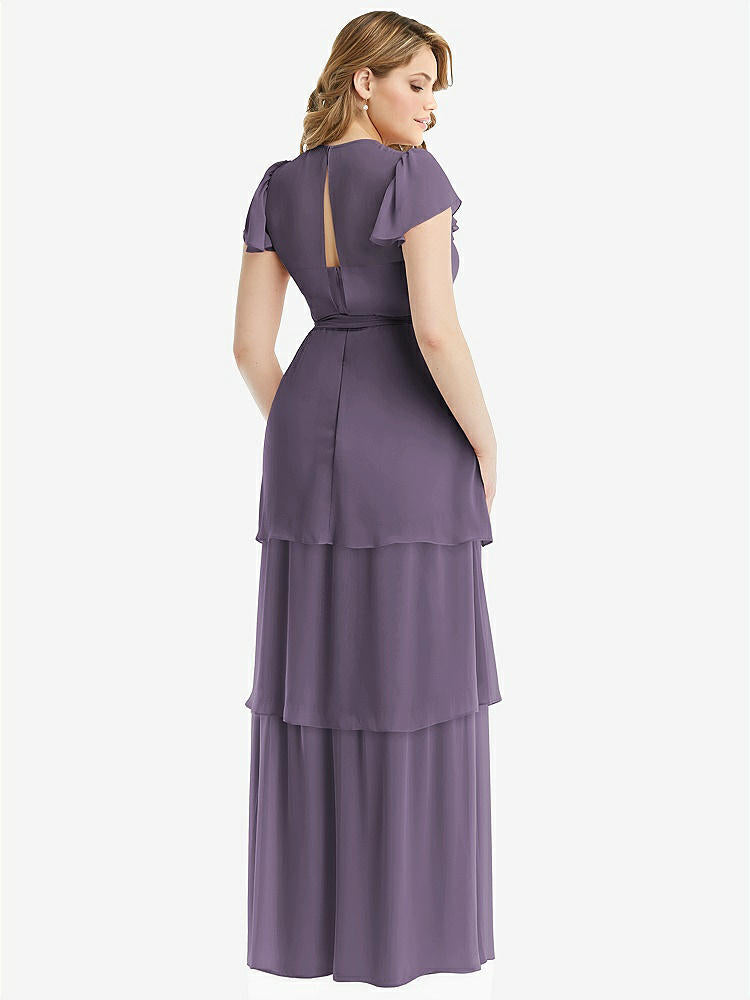 【NEW】【STYLE: 3116】フラッター スリーブ ジュエル 首 シフォン マキシ ドレス ティア ラッフル スカート【COLOR: Lavender】【SIZE: 00-30W】