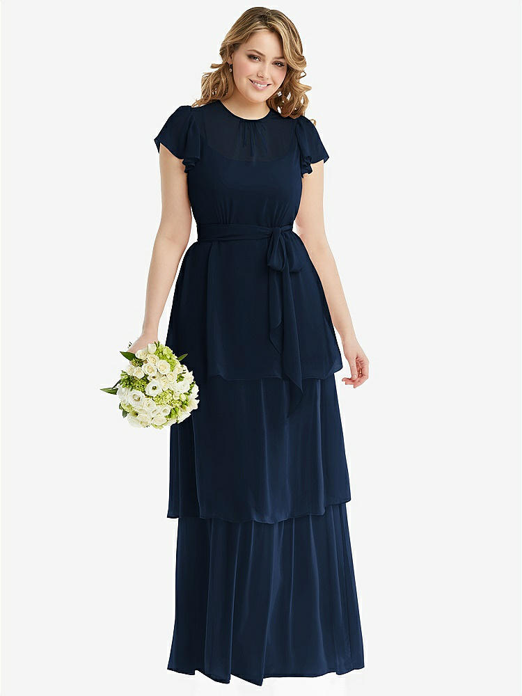 【NEW】【STYLE: 3116】フラッター スリーブ ジュエル 首 シフォン マキシ ドレス ティア ラッフル スカート【COLOR: Midnight Navy】【SIZE: 00-30W】
