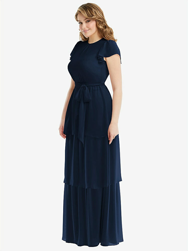 【NEW】【STYLE: 3116】フラッター スリーブ ジュエル 首 シフォン マキシ ドレス ティア ラッフル スカート【COLOR: Midnight Navy】【SIZE: 00-30W】