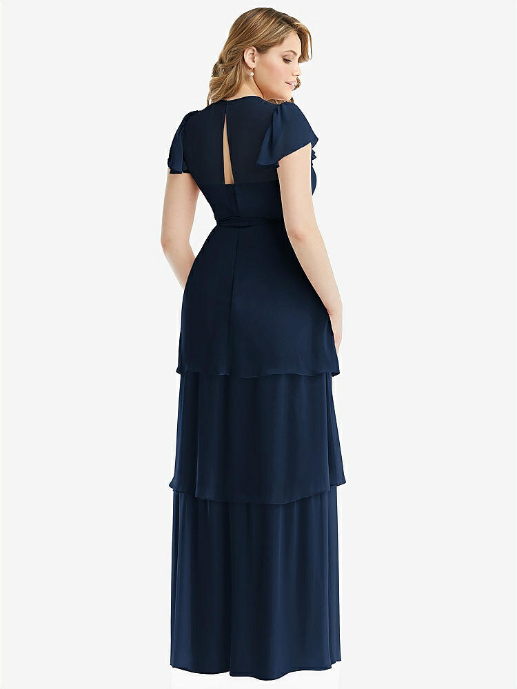 【NEW】【STYLE: 3116】フラッター スリーブ ジュエル 首 シフォン マキシ ドレス ティア ラッフル スカート【COLOR: Midnight Navy】【SIZE: 00-30W】