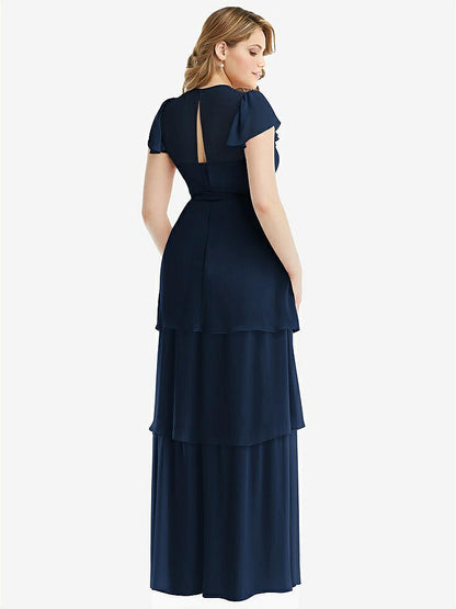 【NEW】【STYLE: 3116】フラッター スリーブ ジュエル 首 シフォン マキシ ドレス ティア ラッフル スカート【COLOR: Midnight Navy】【SIZE: 00-30W】
