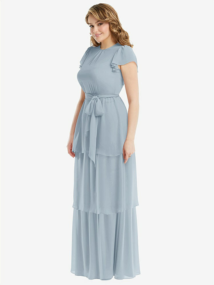 【NEW】【STYLE: 3116】フラッター スリーブ ジュエル 首 シフォン マキシ ドレス ティア ラッフル スカート【COLOR: Mist】【SIZE: 00-30W】