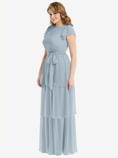 【NEW】【STYLE: 3116】フラッター スリーブ ジュエル 首 シフォン マキシ ドレス ティア ラッフル スカート【COLOR: Mist】【SIZE: 00-30W】