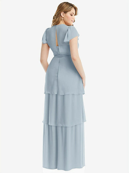【NEW】【STYLE: 3116】フラッター スリーブ ジュエル 首 シフォン マキシ ドレス ティア ラッフル スカート【COLOR: Mist】【SIZE: 00-30W】