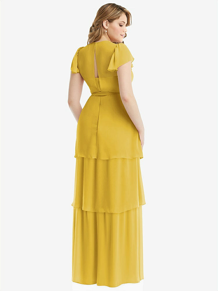 【NEW】【STYLE: 3116】フラッター スリーブ ジュエル 首 シフォン マキシ ドレス ティア ラッフル スカート【COLOR: Marigold】【SIZE: 00-30W】