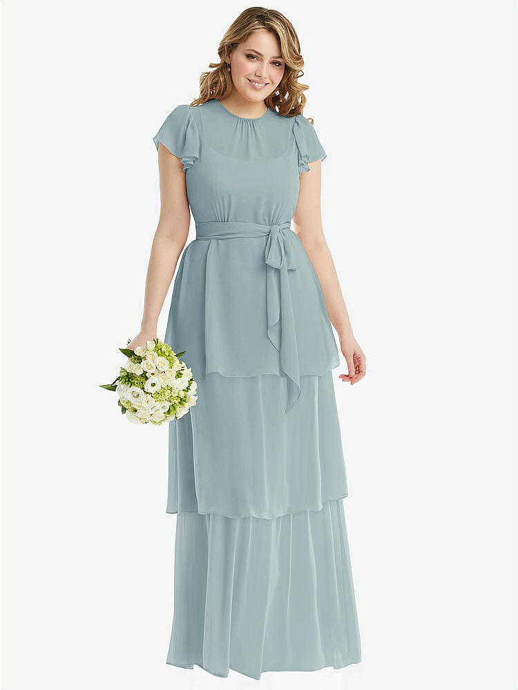 【NEW】【STYLE: 3116】フラッター スリーブ ジュエル 首 シフォン マキシ ドレス ティア ラッフル スカート【COLOR: Morning Sky】【SIZE: 00-30W】