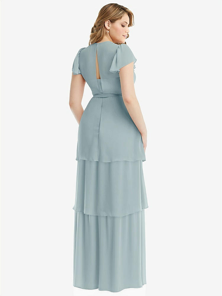 【NEW】【STYLE: 3116】フラッター スリーブ ジュエル 首 シフォン マキシ ドレス ティア ラッフル スカート【COLOR: Morning Sky】【SIZE: 00-30W】