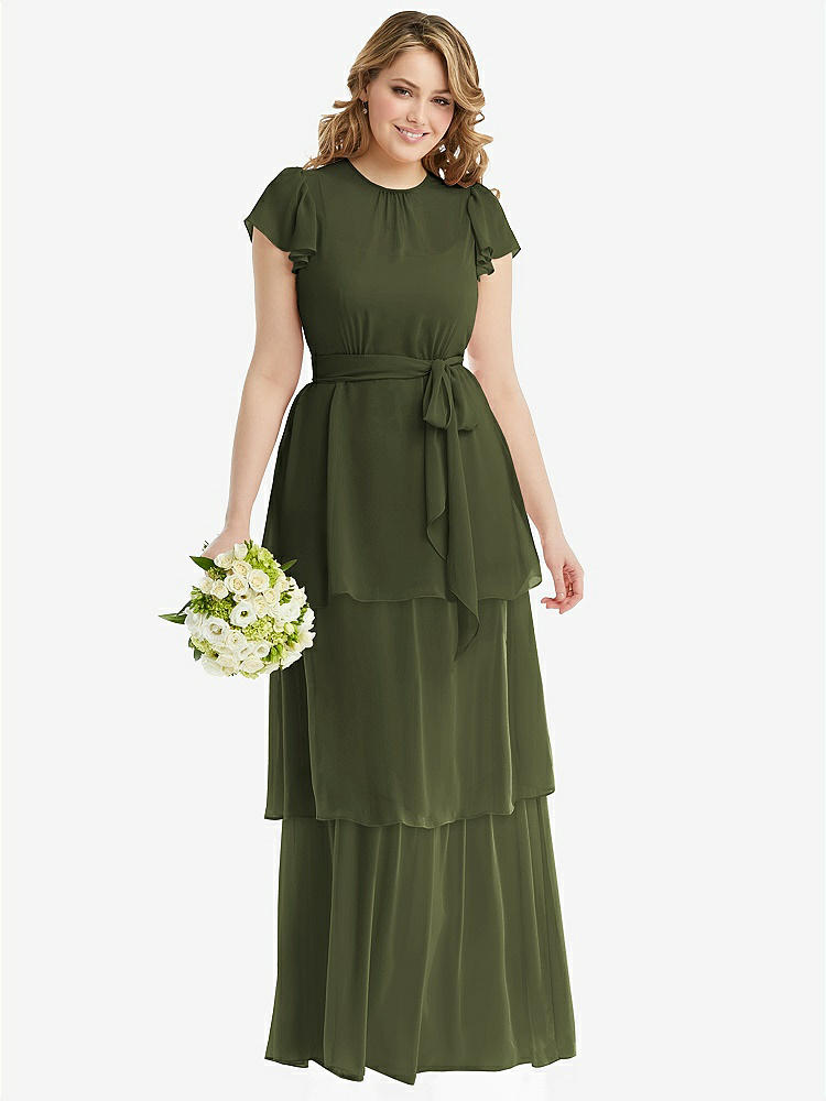 【STYLE: 3116】Flutter Sleeve Jewel Neck Chiffon Maxi Dress with Tiered Ruffle Skirt【COLOR: Olive Green】