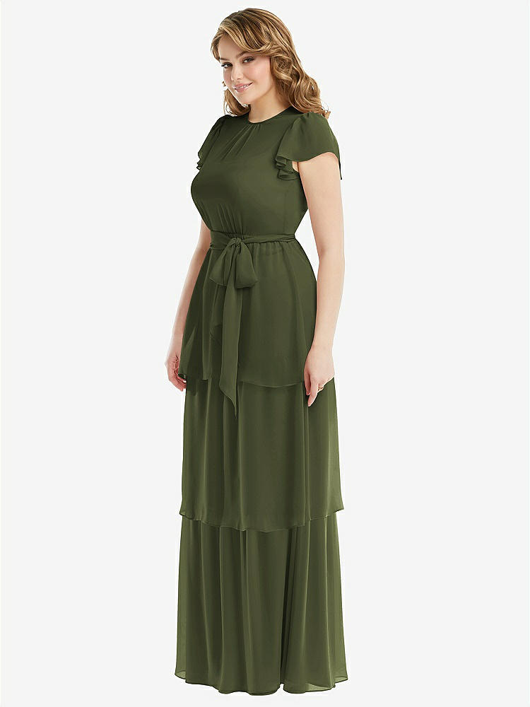 【STYLE: 3116】Flutter Sleeve Jewel Neck Chiffon Maxi Dress with Tiered Ruffle Skirt【COLOR: Olive Green】