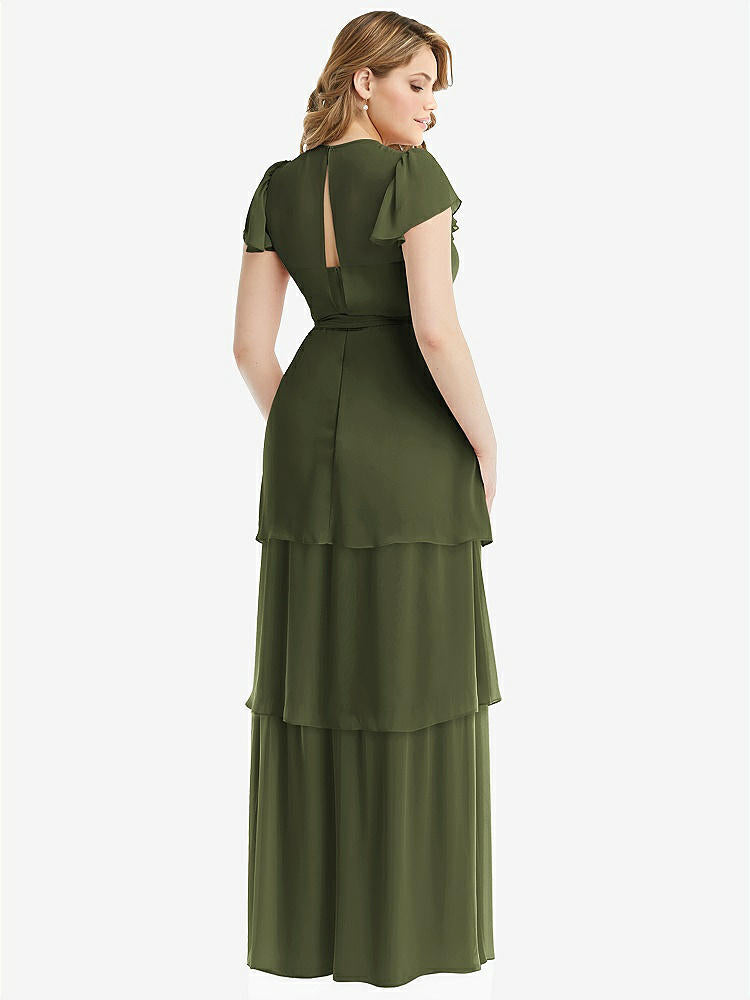 【STYLE: 3116】Flutter Sleeve Jewel Neck Chiffon Maxi Dress with Tiered Ruffle Skirt【COLOR: Olive Green】