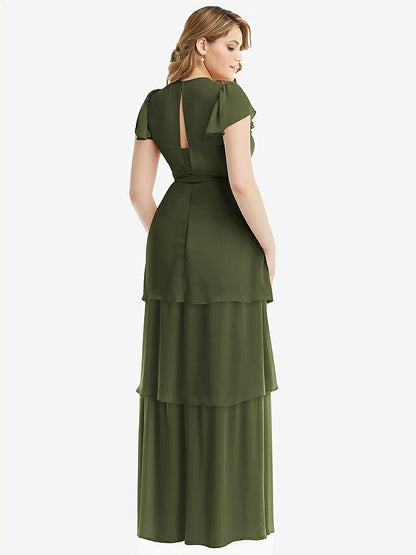 【STYLE: 3116】Flutter Sleeve Jewel Neck Chiffon Maxi Dress with Tiered Ruffle Skirt【COLOR: Olive Green】