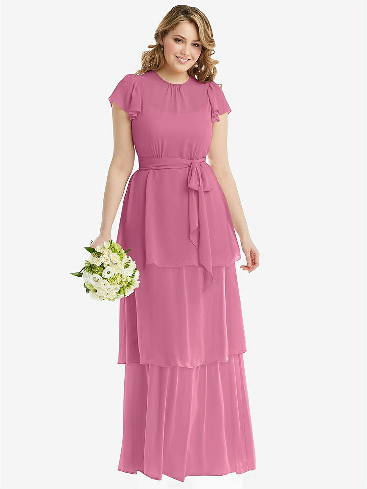 【NEW】【STYLE: 3116】フラッター スリーブ ジュエル 首 シフォン マキシ ドレス ティア ラッフル スカート【COLOR: Orchid Pink】【SIZE: 00-30W】