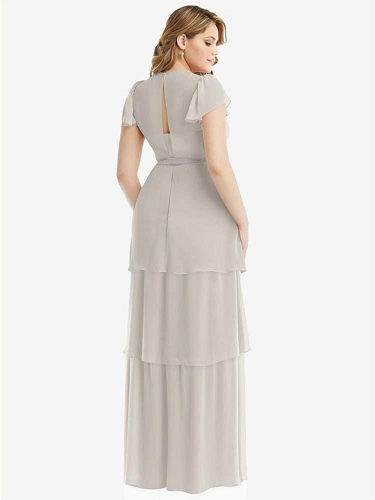 【NEW】【STYLE: 3116】フラッター スリーブ ジュエル 首 シフォン マキシ ドレス ティア ラッフル スカート【COLOR: Oyster】【SIZE: 00-30W】