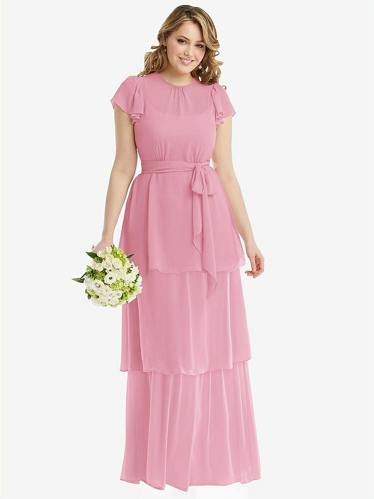 【NEW】【STYLE: 3116】フラッター スリーブ ジュエル 首 シフォン マキシ ドレス ティア ラッフル スカート【COLOR: Peony Pink】【SIZE: 00-30W】