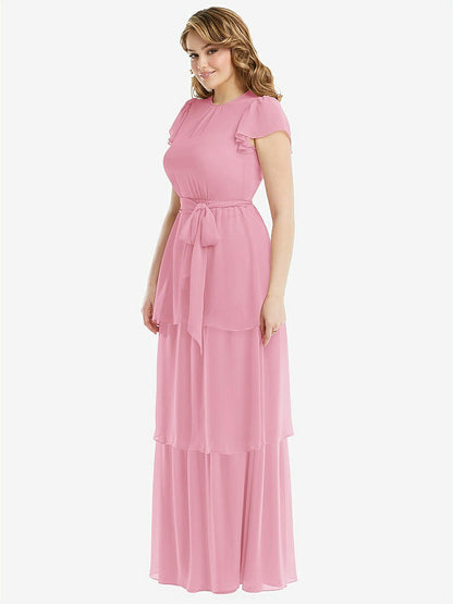 【NEW】【STYLE: 3116】フラッター スリーブ ジュエル 首 シフォン マキシ ドレス ティア ラッフル スカート【COLOR: Peony Pink】【SIZE: 00-30W】