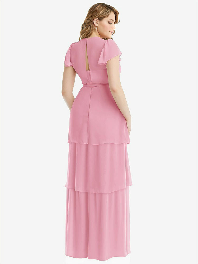 【NEW】【STYLE: 3116】フラッター スリーブ ジュエル 首 シフォン マキシ ドレス ティア ラッフル スカート【COLOR: Peony Pink】【SIZE: 00-30W】