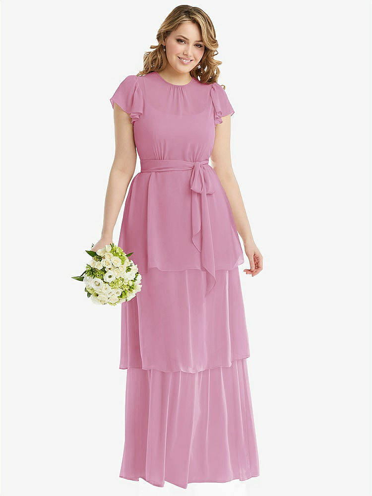 【NEW】【STYLE: 3116】フラッター スリーブ ジュエル 首 シフォン マキシ ドレス ティア ラッフル スカート【COLOR: Powder Pink】【SIZE: 00-30W】