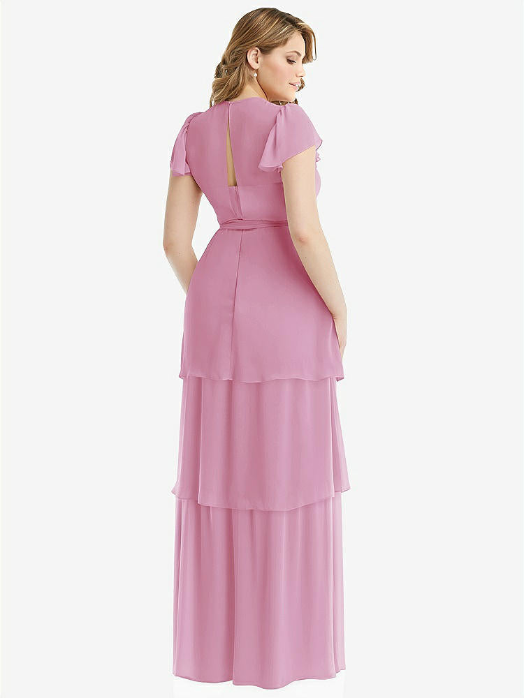 【NEW】【STYLE: 3116】フラッター スリーブ ジュエル 首 シフォン マキシ ドレス ティア ラッフル スカート【COLOR: Powder Pink】【SIZE: 00-30W】
