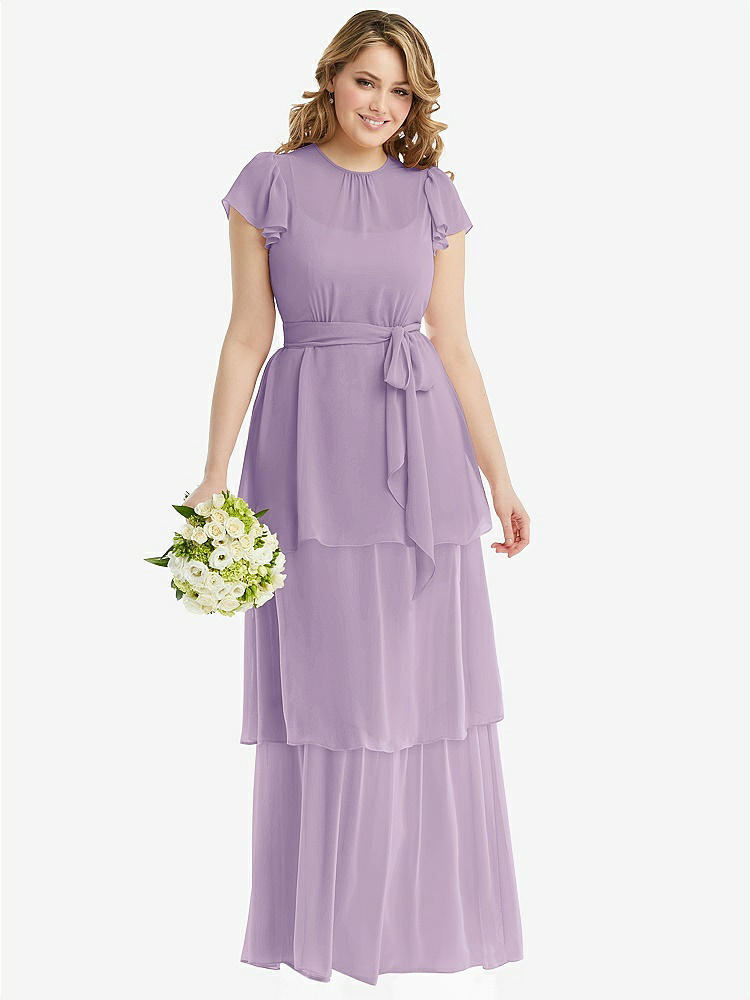 【NEW】【STYLE: 3116】フラッター スリーブ ジュエル 首 シフォン マキシ ドレス ティア ラッフル スカート【COLOR: Pale Purple】【SIZE: 00-30W】