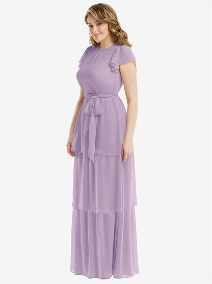 【NEW】【STYLE: 3116】フラッター スリーブ ジュエル 首 シフォン マキシ ドレス ティア ラッフル スカート【COLOR: Pale Purple】【SIZE: 00-30W】