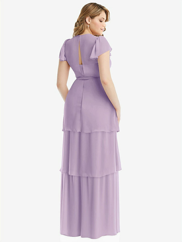 【NEW】【STYLE: 3116】フラッター スリーブ ジュエル 首 シフォン マキシ ドレス ティア ラッフル スカート【COLOR: Pale Purple】【SIZE: 00-30W】