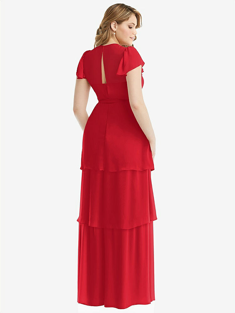 【NEW】【STYLE: 3116】フラッター スリーブ ジュエル 首 シフォン マキシ ドレス ティア ラッフル スカート【COLOR: Parisian Red】【SIZE: 00-30W】
