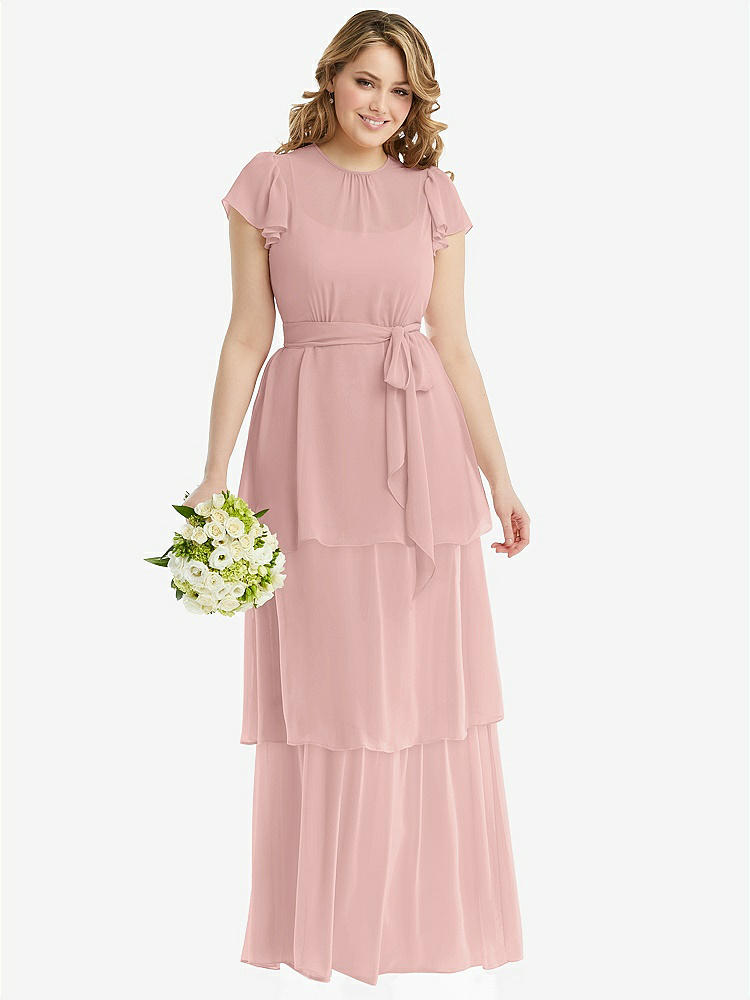 【NEW】【STYLE: 3116】フラッター スリーブ ジュエル 首 シフォン マキシ ドレス ティア ラッフル スカート【COLOR: Rose - PANTONE Rose Quartz】【SIZE: 00-30W】