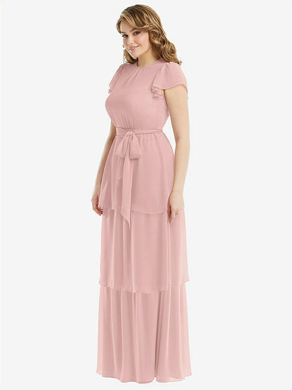 【NEW】【STYLE: 3116】フラッター スリーブ ジュエル 首 シフォン マキシ ドレス ティア ラッフル スカート【COLOR: Rose - PANTONE Rose Quartz】【SIZE: 00-30W】