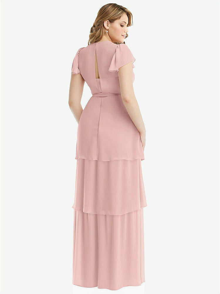 【NEW】【STYLE: 3116】フラッター スリーブ ジュエル 首 シフォン マキシ ドレス ティア ラッフル スカート【COLOR: Rose - PANTONE Rose Quartz】【SIZE: 00-30W】